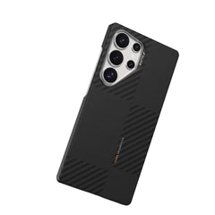 The Raptic Samsung Galaxy S25 Ultra Aramid 600D case features a sleek black carbon fiber pattern, crafted from durable Aramid Fiber, with five camera lenses in the top left corner, and is MagSafe compatible.