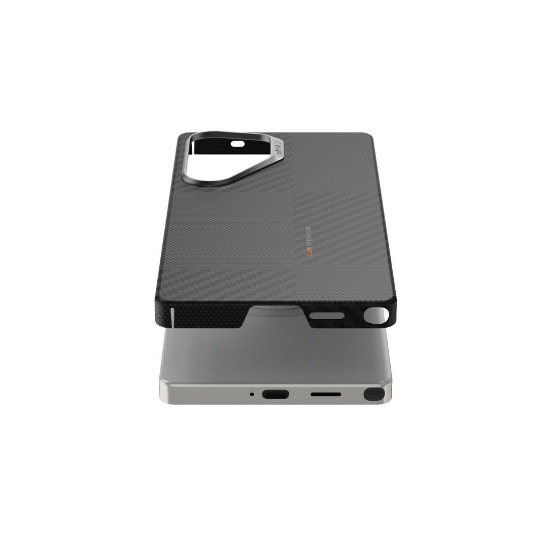 The Raptic Aramid Case for Samsung Galaxy S25 Ultra - Mondrian, in black texture and MagSafe compatible, floats above a silver phone on a pristine white background.