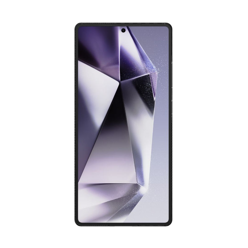 The Smartphone's screen showcases a geometric, abstract purple and gray design with a centered front camera. It is encased in the Raptic Samsung Galaxy S25 Ultra Aramid Case - Aramid 600D and is MagSafe compatible for convenience.