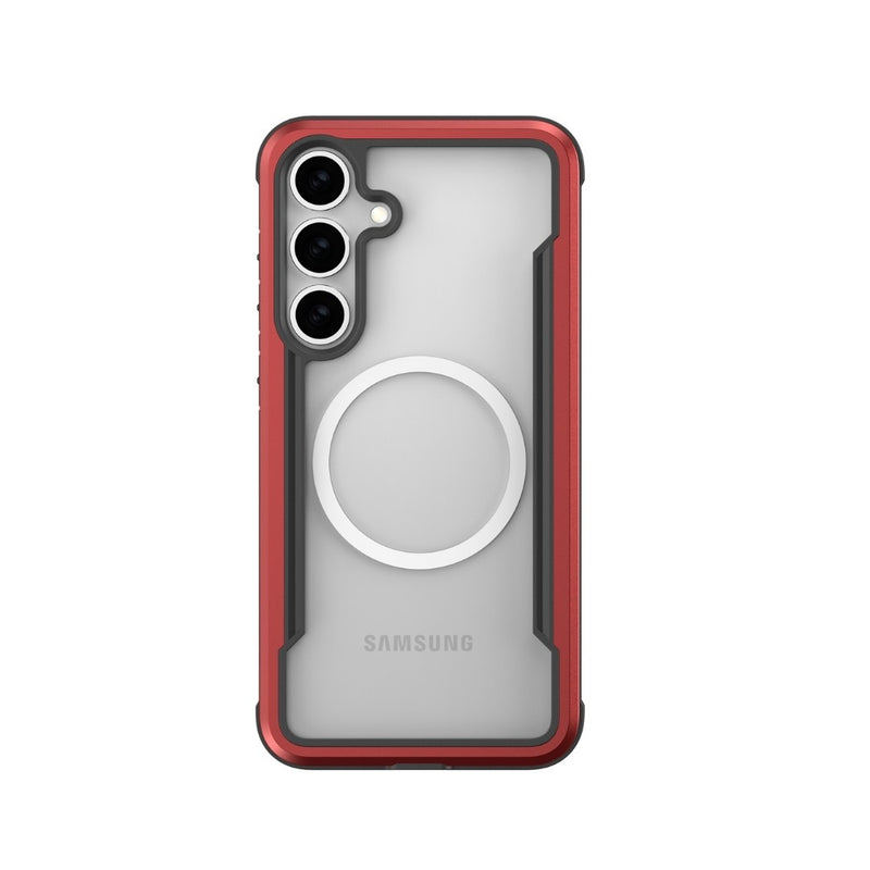 Presenting the Raptic SHIELD case for Samsung Galaxy S25, featuring a red border with a transparent back and military-grade drop protection. It has a visible circular pattern with precise cutouts for three camera lenses.