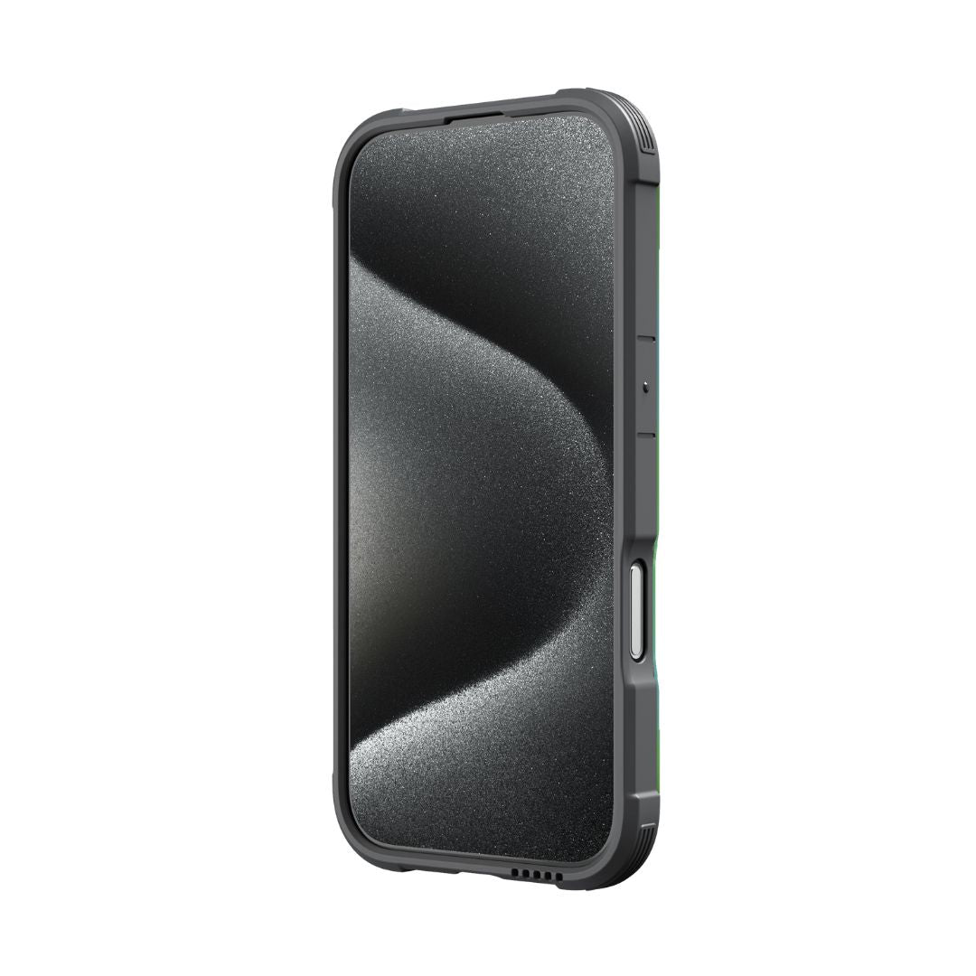 A grey smartphone with a sleek, matte finish and curved edges, featuring the Raptic iPhone 16 Series Case - Shield. The screen displays a shimmering wave pattern, and the device is wireless charging compatible with 3-meter drop protection.