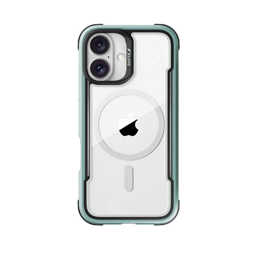 The Raptic iPhone 16 Series Case - Shield is a clear case featuring green edges, showcasing the Apple logo and including a dual-camera cutout at the top left. This MagSafe Shield case provides excellent drop protection.