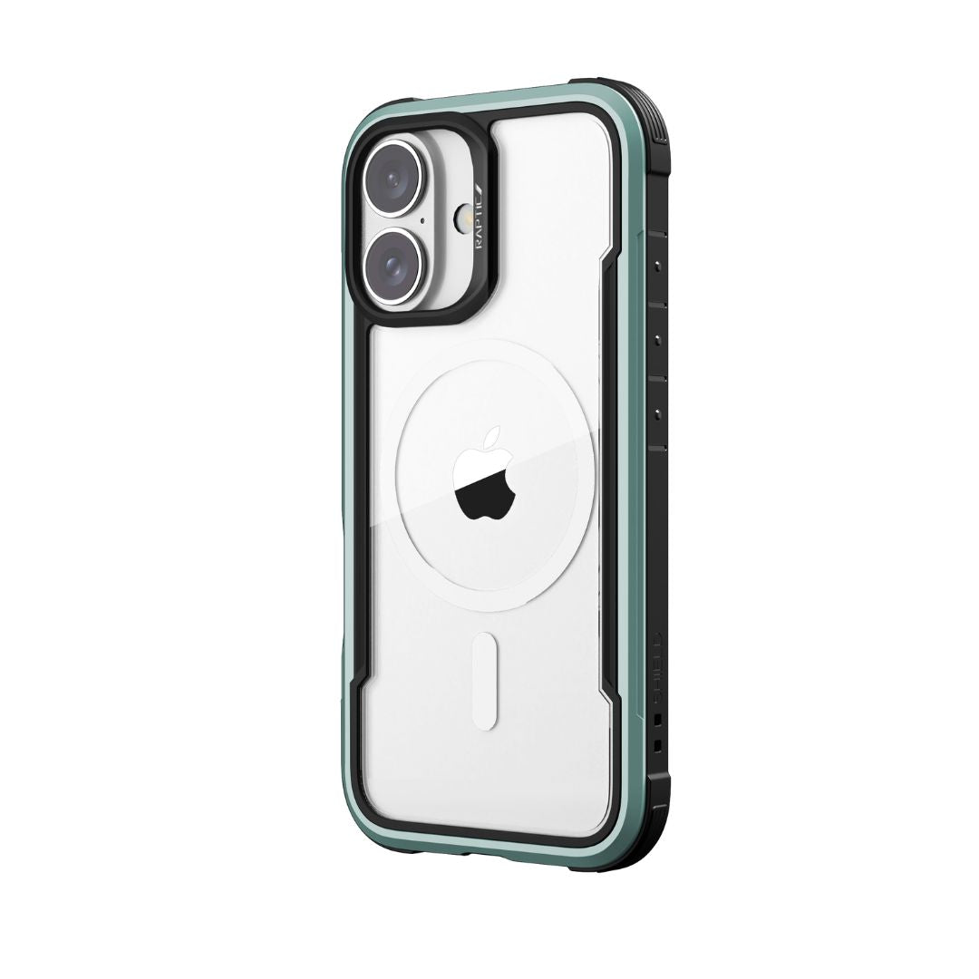 A clear phone case with a green border is shown. Raptic's iPhone 16 Series Case - Shield features an Apple logo, dual camera cutouts, and enhanced drop protection.