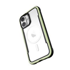 The Raptic iPhone 16 Series Case - Shield is a clear smartphone case featuring a green border, specifically designed for the iPhone 16 with dual cameras and a circular indentation on the back. This MagSafe-compatible case also provides superior drop protection.