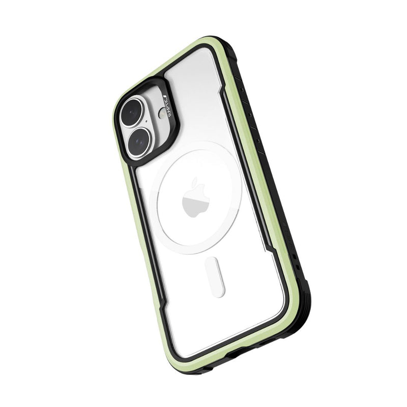 The Raptic iPhone 16 Series Case - Shield is a clear smartphone case featuring a green border, specifically designed for the iPhone 16 with dual cameras and a circular indentation on the back. This MagSafe-compatible case also provides superior drop protection.