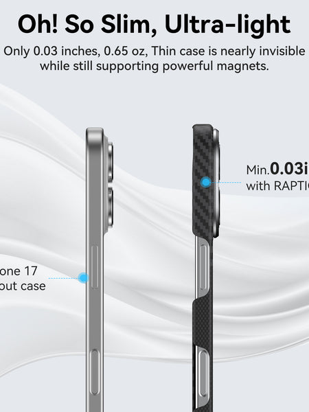 Side-by-side comparison of an iPhone 17 with and without the Raptic Geotik Aramid Case, showing its MagSafe compatibility and ultra-thin design that adds just 0.03 inches of thickness.
