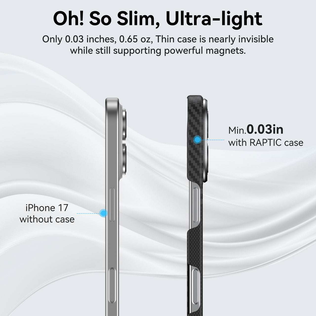 Side-by-side comparison of an iPhone 17 with and without the Raptic Geotik Aramid Case, showing its MagSafe compatibility and ultra-thin design that adds just 0.03 inches of thickness.