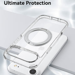 The Raptic iPhone 17 Magnetic KickStand Case – Air Stand, featuring a transparent design with a circular magnetic ring, is displayed above a white smartphone on a reflective surface. Text reads, 