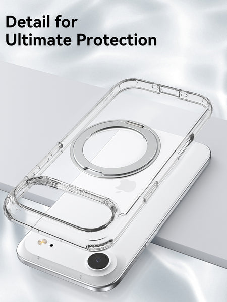 The Raptic iPhone 17 Magnetic KickStand Case – Air Stand, featuring a transparent design with a circular magnetic ring, is displayed above a white smartphone on a reflective surface. Text reads, 