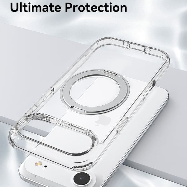 The Raptic iPhone 17 Magnetic KickStand Case – Air Stand, featuring a transparent design with a circular magnetic ring, is displayed above a white smartphone on a reflective surface. Text reads, 