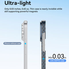 Side-by-side profile of an iPhone 17 with and without the ultra-light Raptic Skin-Origin Aramid Fibre Case, highlighting its minimal 0.03-inch thickness and MagSafe compatibility.