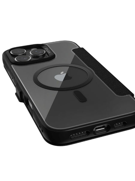A black iPhone 16 with an Urban Folio Wallet Case by Raptic, featuring three rear cameras and a USB-C charging port.