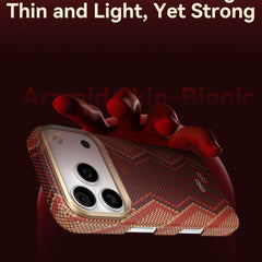 A red hand holds an iPhone 17 in the Raptic Skin-Origin Aramid Fibre Case. Text above: 