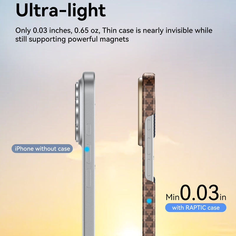 Side view comparison of an uncased iPhone and one with the Raptic Skin-Origin iPhone 17 Aramid Fibre Case, showing its MagSafe compatibility and ultra-slim build adding just 0.03 inches of thickness.