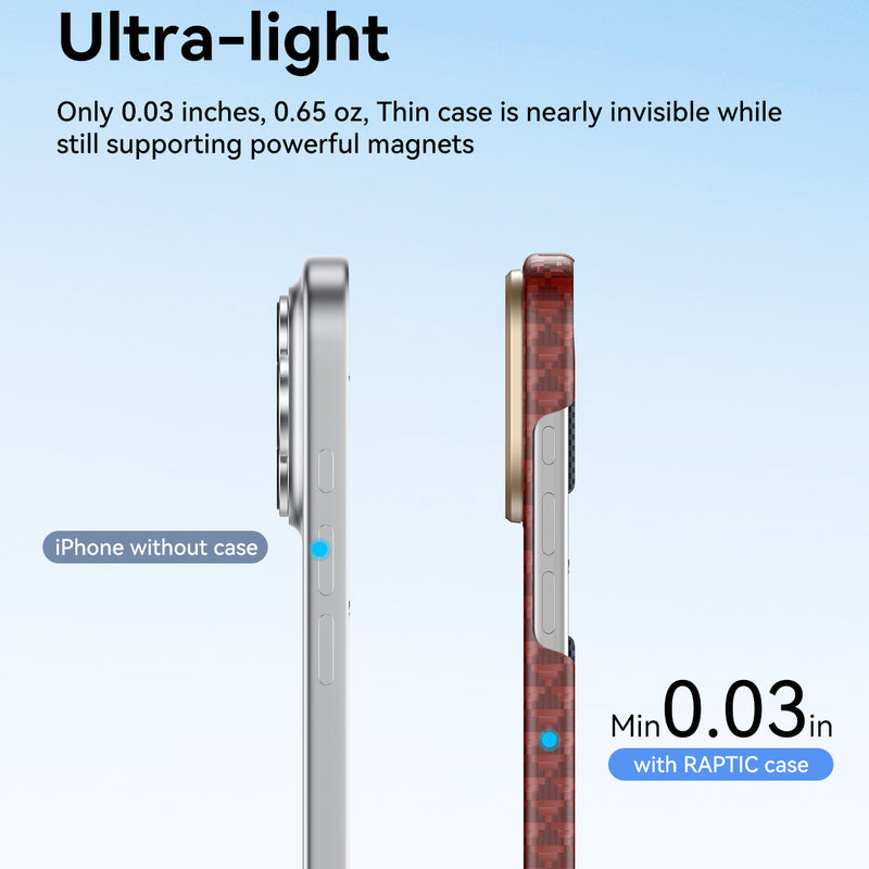 Side-by-side comparison of an iPhone and the Raptic iPhone 17 Aramid Fibre Case, showing how the ultra-thin MagSafe-compatible Raptic Skin-Origin adds just 0.03 inches of thickness.
