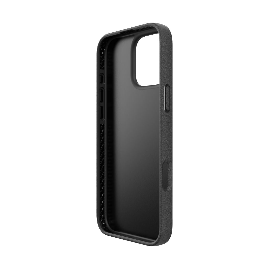 A black "iPhone 16 Wallet Kickstand Case - Slim Wallet" by Raptic, featuring a textured interior, precise button cutouts, and wireless charging compatibility, stands upright on a white background.