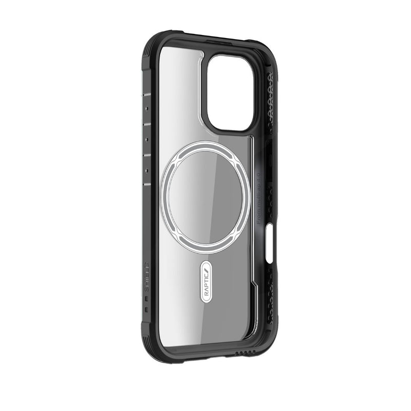 Raptic's iPhone 16 Series Case - Shield is a clear MagSafe case with black edges and a circular magnetic ring on the back, designed to fit the iPhone 16 and offer drop protection.