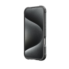 An iPhone 16 encased in the robust Raptic iPhone 16 Series Case - Shield, which boasts a textured back and reinforced corners for excellent drop protection, is displayed against a white background.