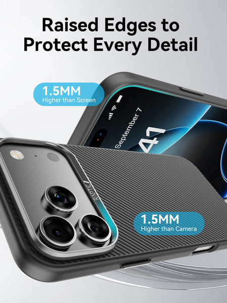 The Raptic iPhone 17 Aramid Fibre 600D case is MagSafe compatible and features raised edges, offering 1.5mm higher protection for both the screen and camera. Text reads: 