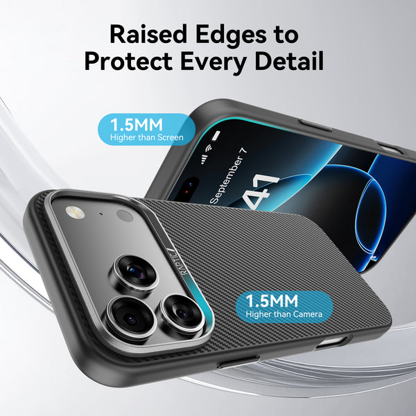 The Raptic iPhone 17 Aramid Fibre 600D case is MagSafe compatible and features raised edges, offering 1.5mm higher protection for both the screen and camera. Text reads: 