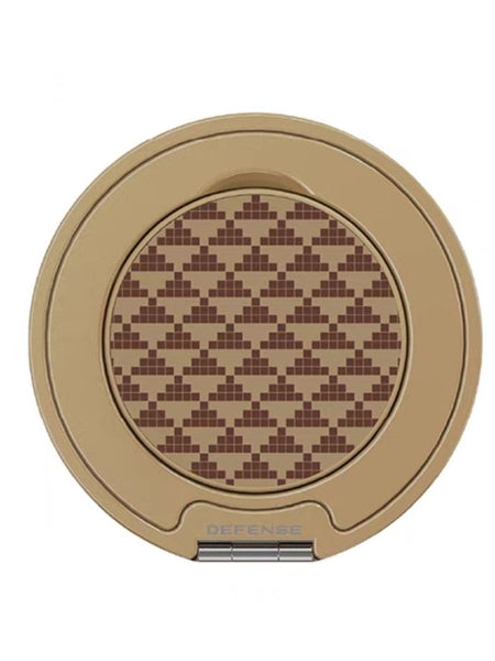 A round, tan MagSafe Compatible Magnetic Ring from Raptic with a geometric brown pattern on the ring and 