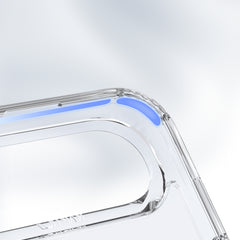 Close-up of the Raptic iPhone 17 Magnetic KickStand Case - Air Stand, featuring a clear design with blue-accented corners, MagSafe compatibility, and a precise camera cutout against a blurred light background.