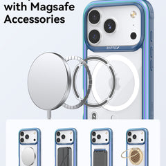 An iPhone 17 in a blue, military-grade Raptic Shield Case is displayed with MagSafe accessories—a charger, wallet, and stand—showcasing full compatibility.