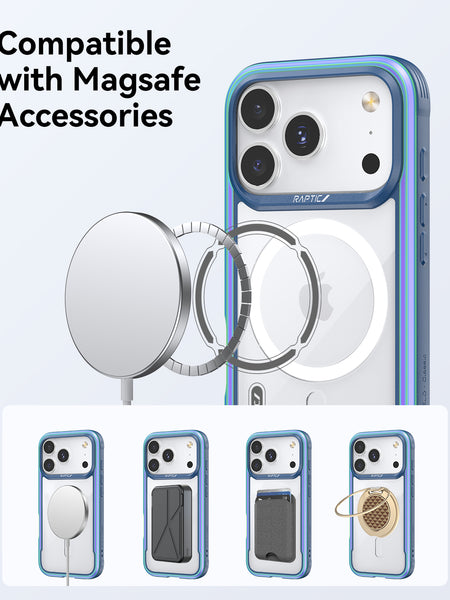 An iPhone 17 in a blue, military-grade Raptic Shield Case is displayed with MagSafe accessories—a charger, wallet, and stand—showcasing full compatibility.