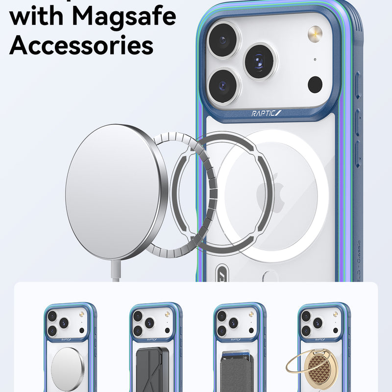 An iPhone 17 in a blue, military-grade Raptic Shield Case is displayed with MagSafe accessories—a charger, wallet, and stand—showcasing full compatibility.