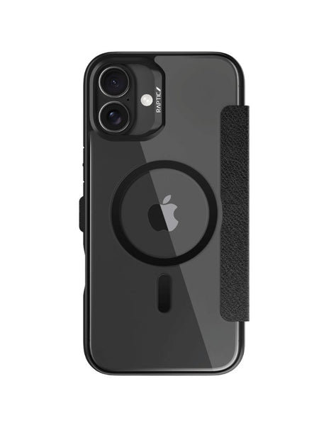 A Raptic iPhone 16 Wallet Case - Urban Folio in black, showcasing dual cameras and a circular MagSafe technology attachment, is depicted from the back against a white background.