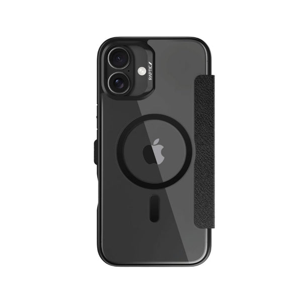 A Raptic iPhone 16 Wallet Case - Urban Folio in black, showcasing dual cameras and a circular MagSafe technology attachment, is depicted from the back against a white background.