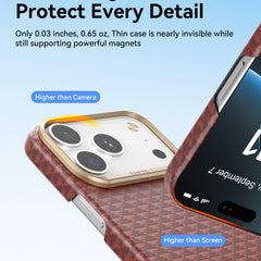 Close-up of the Raptic Skin-Origin iPhone 17 Aramid Fibre Case in red, MagSafe compatible, with raised edges for camera and screen, featuring military-grade protection and an ultra-thin design.