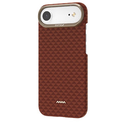 The Raptic iPhone 17 Aramid Fibre Case – Skin-Origin features a textured brown geometric pattern, gold accents by the camera and lower back, MagSafe compatibility, and ultra-light military-grade protection.