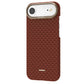 The Raptic iPhone 17 Aramid Fibre Case – Skin-Origin features a textured brown geometric pattern, gold accents by the camera and lower back, MagSafe compatibility, and ultra-light military-grade protection.