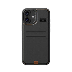 A stylish iPhone 16 Wallet Kickstand Case by Raptic in black, featuring a dual-lens camera cutout, three horizontal slots for storage, a small brown accent at the bottom, and MagSafe technology for convenient wireless charging.