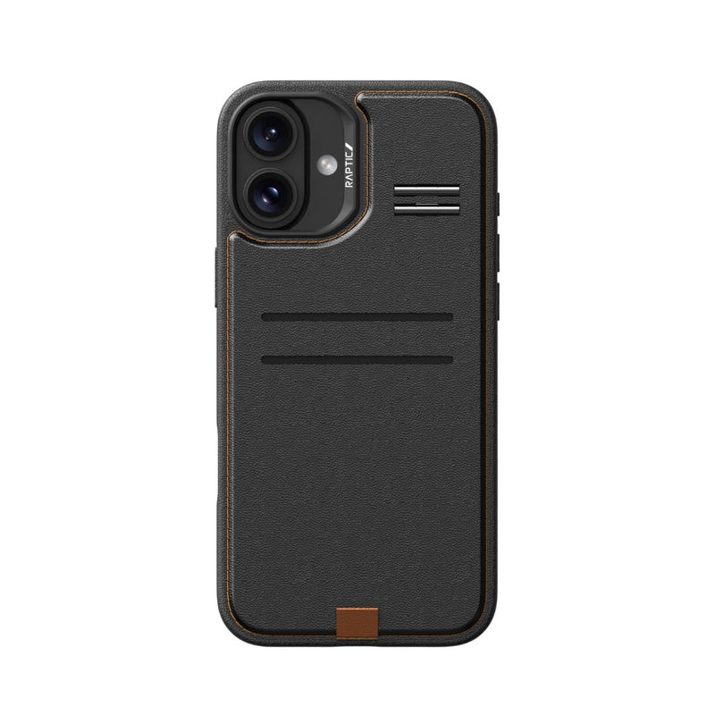 A stylish iPhone 16 Wallet Kickstand Case by Raptic in black, featuring a dual-lens camera cutout, three horizontal slots for storage, a small brown accent at the bottom, and MagSafe technology for convenient wireless charging.