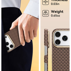 A hand slips an iPhone 17 with the ultra-light Raptic Skin-Origin Aramid Fibre Case into a pocket; MagSafe compatible, it’s just 0.03