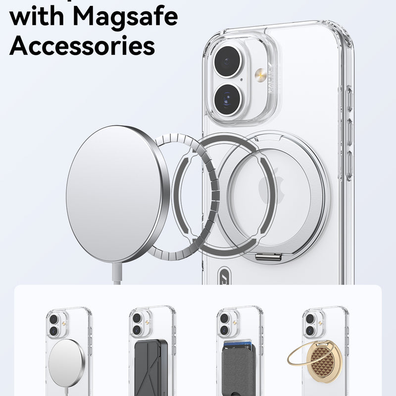 The Raptic iPhone 17 Magnetic KickStand Case - Air Stand is compatible with MagSafe accessories including chargers, wallets, card holders, ring holders, and features a built-in kickstand.