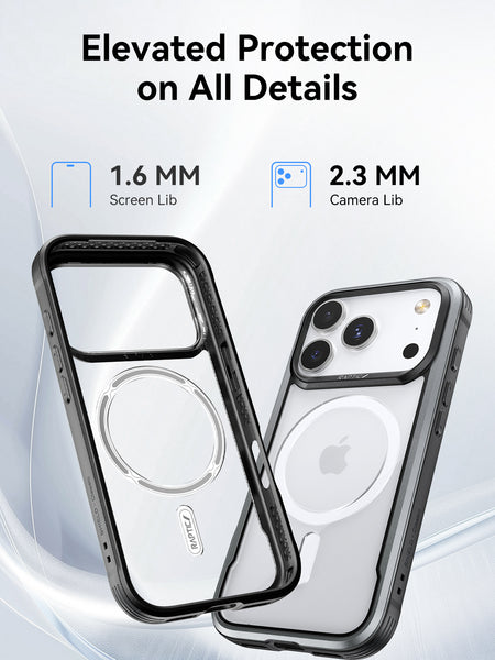 Two Raptic Shield iPhone 17 cases shown (front and back), featuring a 1.6 mm screen lip and 2.3 mm camera lip for elevated, military-grade shockproof protection. Text: 