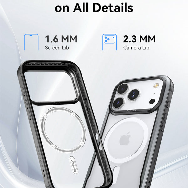 Two Raptic Shield iPhone 17 cases shown (front and back), featuring a 1.6 mm screen lip and 2.3 mm camera lip for elevated, military-grade shockproof protection. Text: 