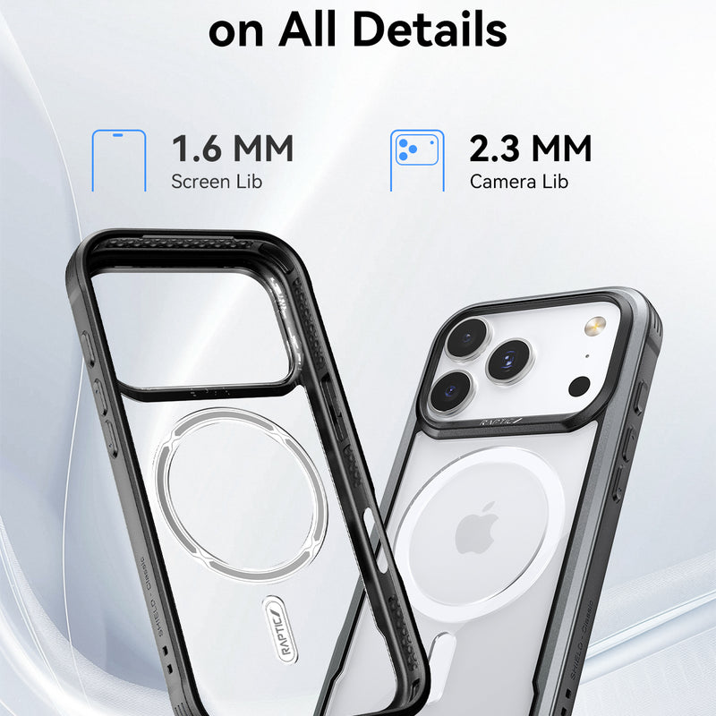 Two Raptic Shield iPhone 17 cases shown (front and back), featuring a 1.6 mm screen lip and 2.3 mm camera lip for elevated, military-grade shockproof protection. Text: 