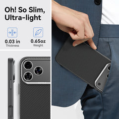 A person slips the Raptic Aramid Fibre 600D case for iPhone 17 Pro into a suit pocket. Text reads 