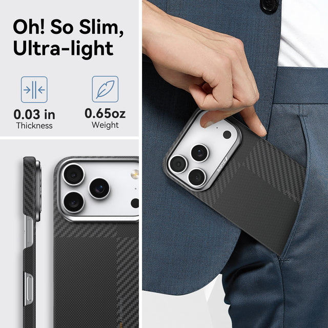 A person in a suit jacket slips the Raptic Geotik iPhone 17 Series Aramid Case into their pocket; text highlights its ultra-thin 0.03-inch profile, light 0.65-ounce weight, and MagSafe-optimized design by Raptic.