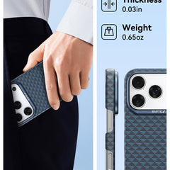 A hand slips an iPhone 17 with the Raptic Skin-Origin Aramid Fibre Case into a pocket. The blue-patterned, ultra-lightcase by Raptic measures just 0.03 inches thick and weighs only 0.65 ounces.