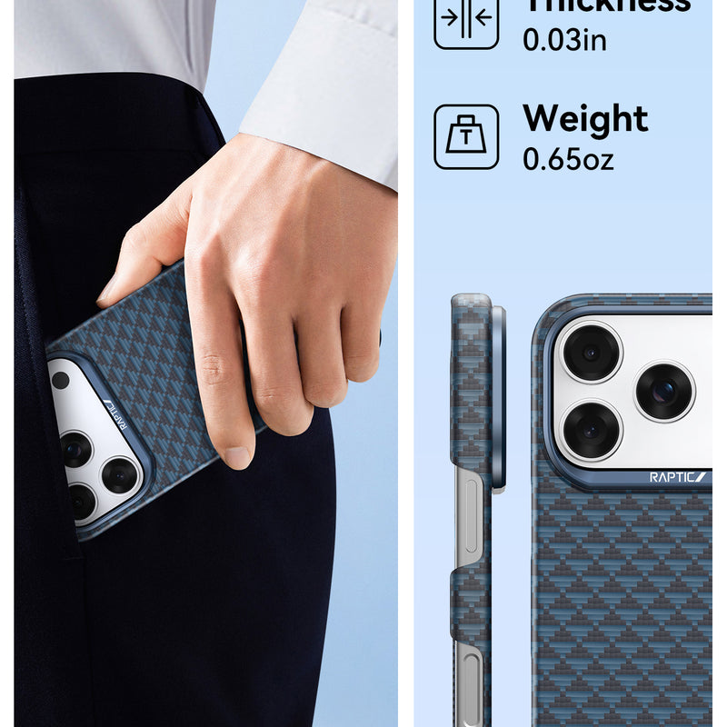 A hand slips an iPhone 17 with the Raptic Skin-Origin Aramid Fibre Case into a pocket. The blue-patterned, ultra-lightcase by Raptic measures just 0.03 inches thick and weighs only 0.65 ounces.