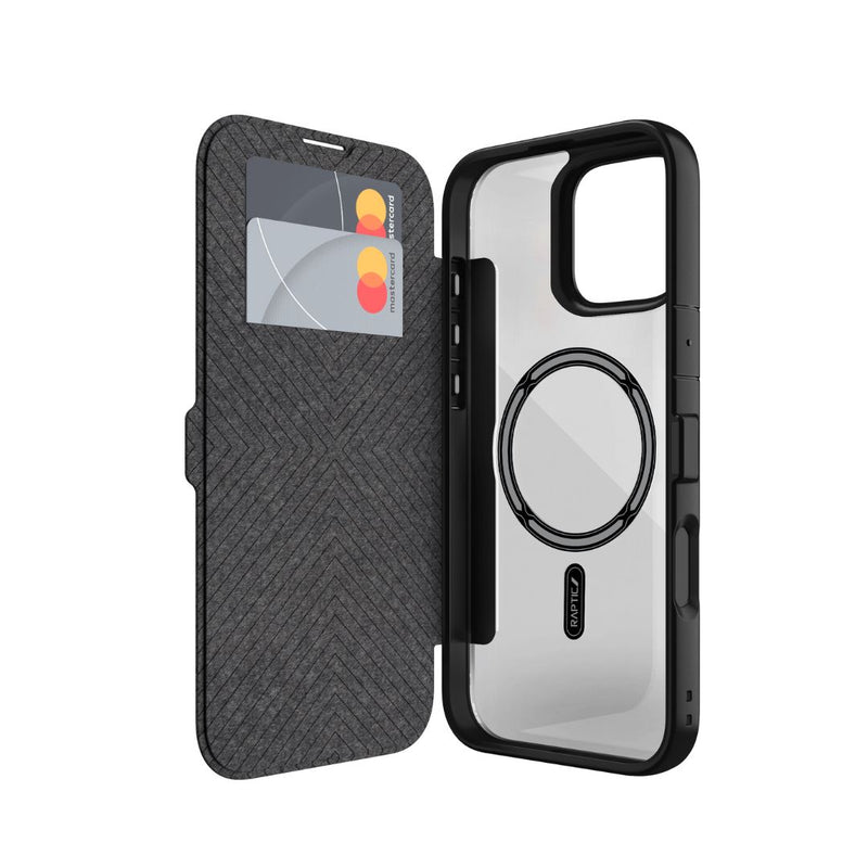 The iPhone 16 Wallet Case - Urban Folio by Raptic features a clear back, side buttons, and MagSafe technology. It is shown with an open black cover that has slots holding two credit cards.