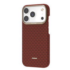The Raptic iPhone 17 Aramid Fibre Case - Skin-Origin is an ultra-light, military-grade brown case with a geometric texture, metallic camera accent, supports MagSafe, and fits models with three rear cameras.