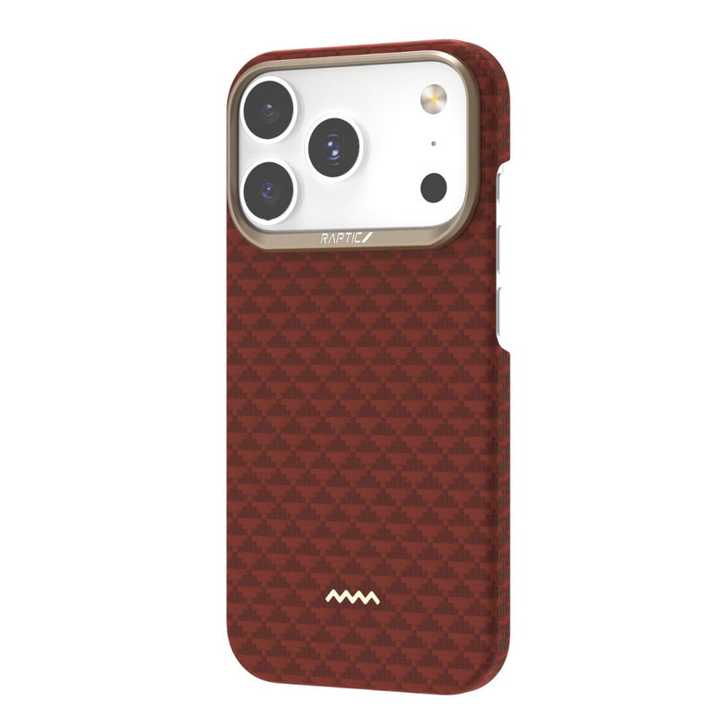 The Raptic iPhone 17 Aramid Fibre Case - Skin-Origin is an ultra-light, military-grade brown case with a geometric texture, metallic camera accent, supports MagSafe, and fits models with three rear cameras.