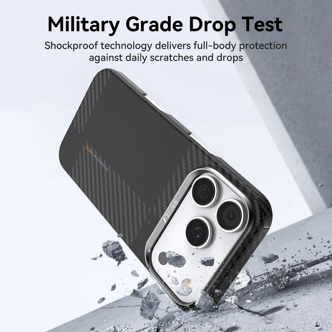 A Raptic Geotik aramid fiber iPhone 17 Series case strikes concrete, scatters debris, and proves its shockproof, military-grade protection.