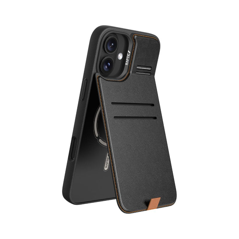 The Raptic iPhone 16 Wallet Kickstand Case - Slim Wallet features a stylish black design with a built-in card holder, two card slots, and a convenient foldable stand. It incorporates MagSafe technology and includes a sleek brown accent near the bottom. The case supports wireless charging and has an accurate cutout for the phone's camera.